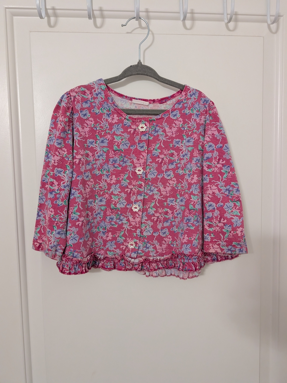 Vintage Girls Pink Floral Ruffle Cardigan Top Size 3 4 Cottagecore